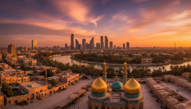 baghdad cityscape golden hour al kadhimiya shrine tigris river